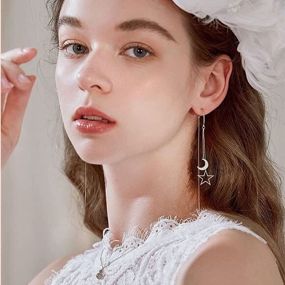 Jewelry - 925 Silver Moon Star Threader Drop Dangle Earrings